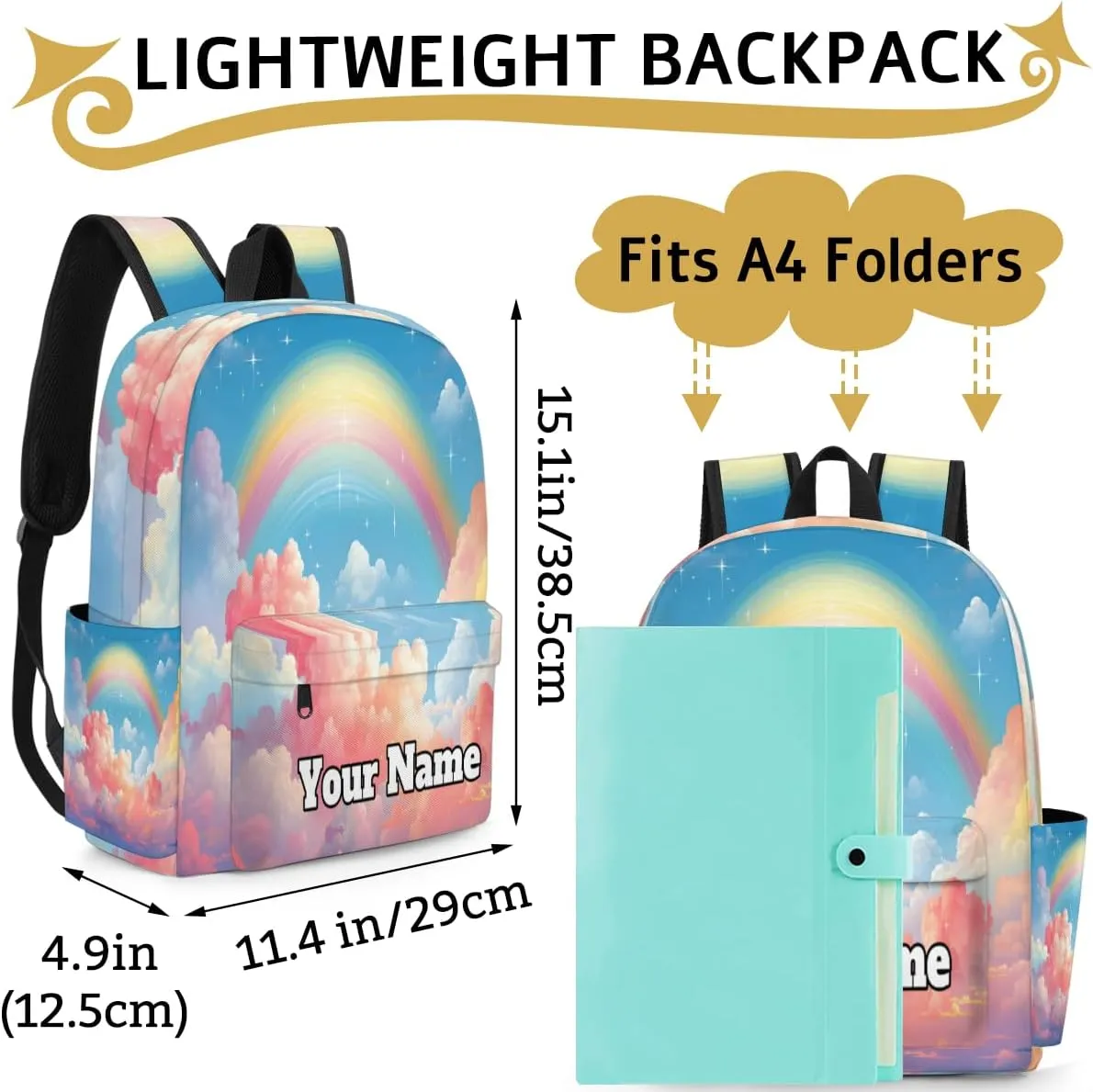 Personalized Rainbow Preschool Toddler Backpack for Boys Girls Custom Kids Name Small Bookbags Kindergarten Elementary Backpack, Rainbow Clouds