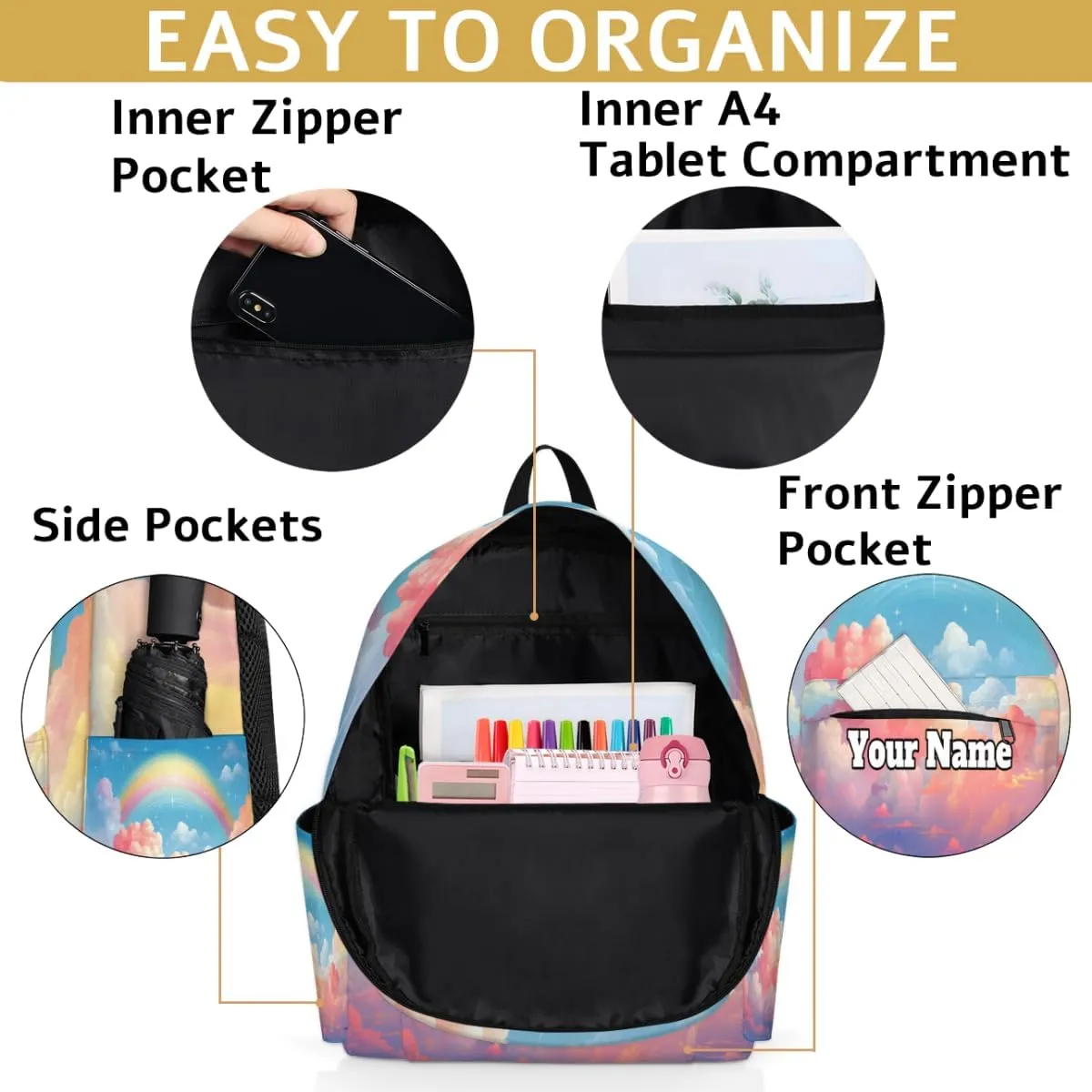 Personalized Rainbow Preschool Toddler Backpack for Boys Girls Custom Kids Name Small Bookbags Kindergarten Elementary Backpack, Rainbow Clouds