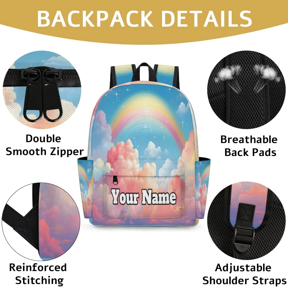 Personalized Rainbow Preschool Toddler Backpack for Boys Girls Custom Kids Name Small Bookbags Kindergarten Elementary Backpack, Rainbow Clouds