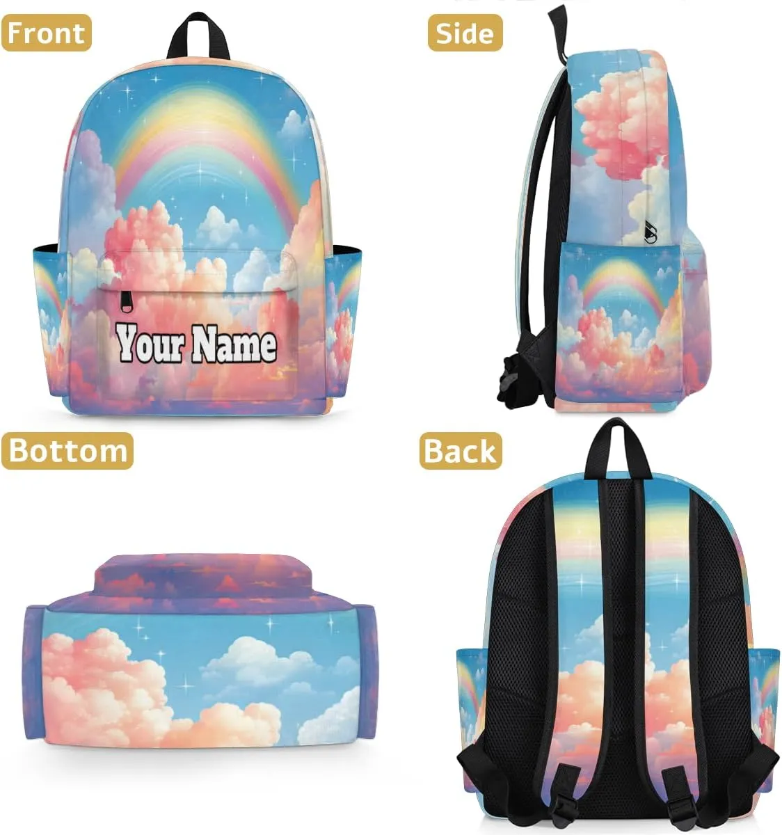 Personalized Rainbow Preschool Toddler Backpack for Boys Girls Custom Kids Name Small Bookbags Kindergarten Elementary Backpack, Rainbow Clouds