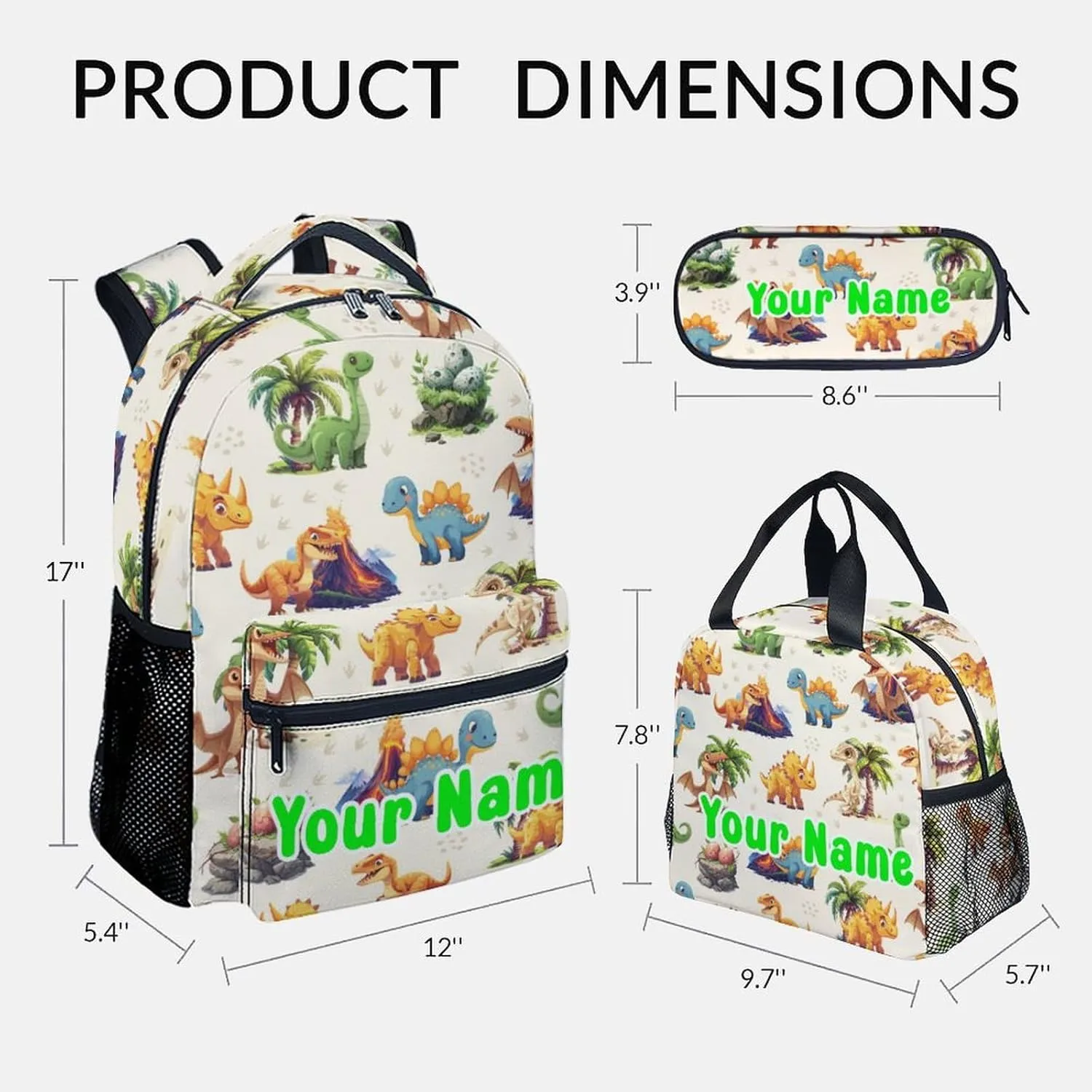 Personalized School Backpack for Girls Boys, Dinosaur Backpacks for Kids Ages 6-10, Set of 3 Bookbag for Elementary Middle, Cute Colorful School Bag with Lunch Box and Pencil Case