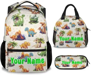 Personalized School Backpack for Girls Boys, Dinosaur Backpacks for Kids Ages 6-10, Set of 3 Bookbag for Elementary Middle, Cute Colorful School Bag with Lunch Box and Pencil Case