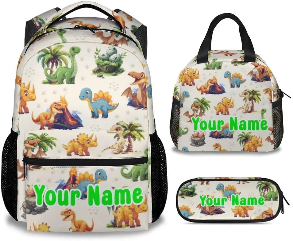 Personalized School Backpack for Girls Boys, Dinosaur Backpacks for Kids Ages 6-10, Set of 3 Bookbag for Elementary Middle, Cute Colorful School Bag with Lunch Box and Pencil Case