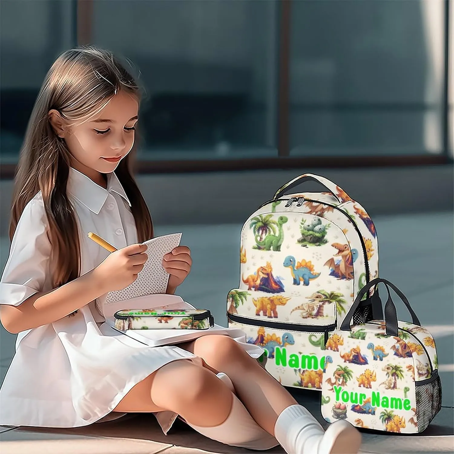 Personalized School Backpack for Girls Boys, Dinosaur Backpacks for Kids Ages 6-10, Set of 3 Bookbag for Elementary Middle, Cute Colorful School Bag with Lunch Box and Pencil Case