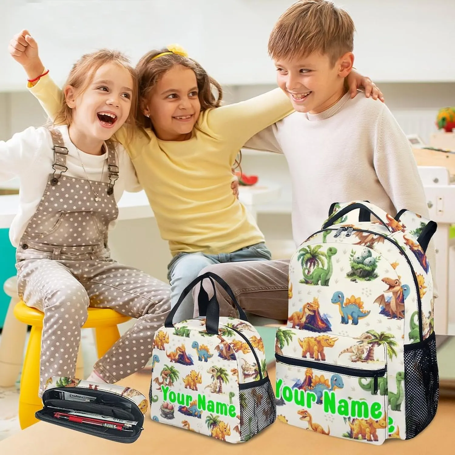Personalized School Backpack for Girls Boys, Dinosaur Backpacks for Kids Ages 6-10, Set of 3 Bookbag for Elementary Middle, Cute Colorful School Bag with Lunch Box and Pencil Case