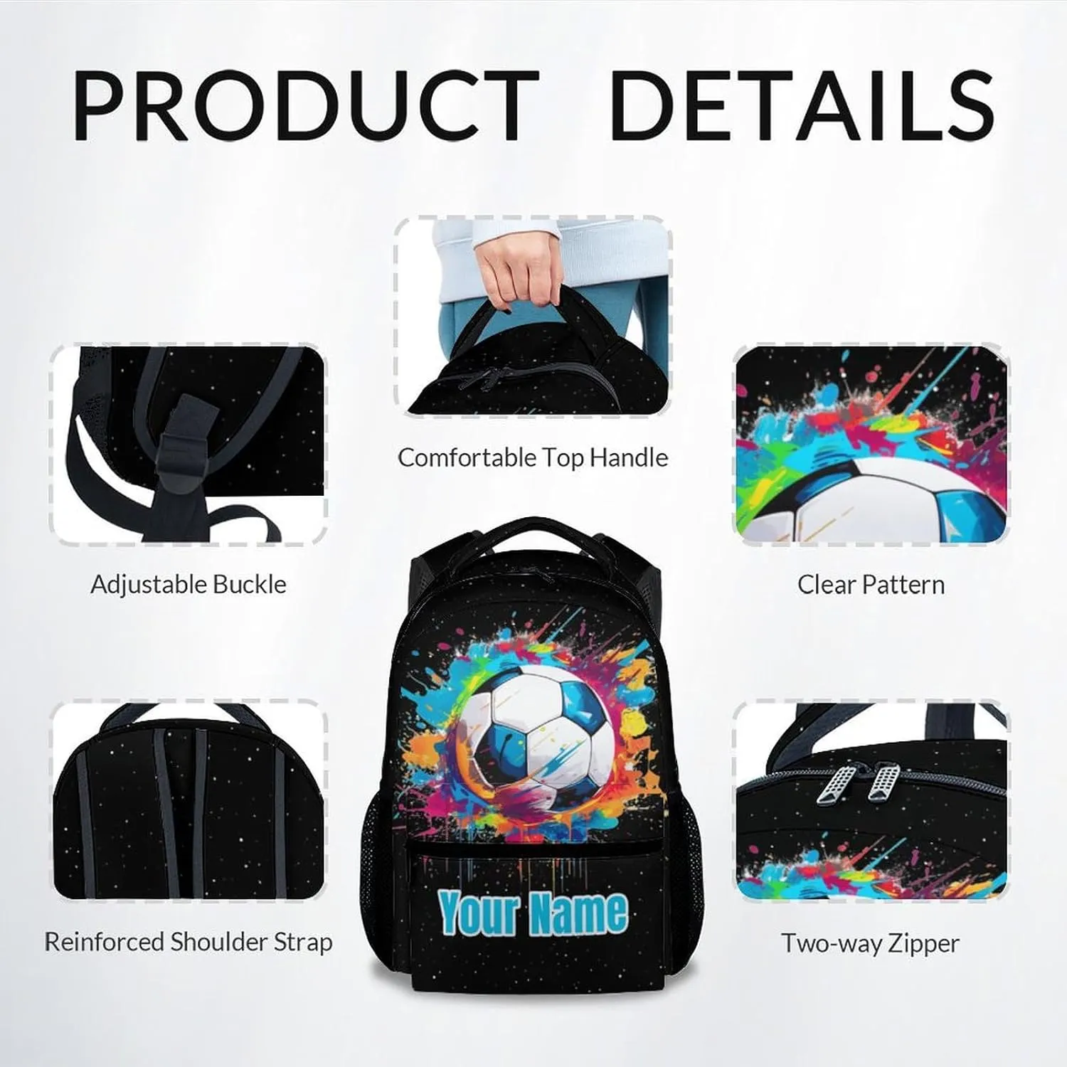 Personalized Soccer Backpack for Girls Boys, Custom Kids Backpack School Bookbag for Primary Elementary, Durable, Lightweight, 17 Inch Colorful Backpack School Essentials