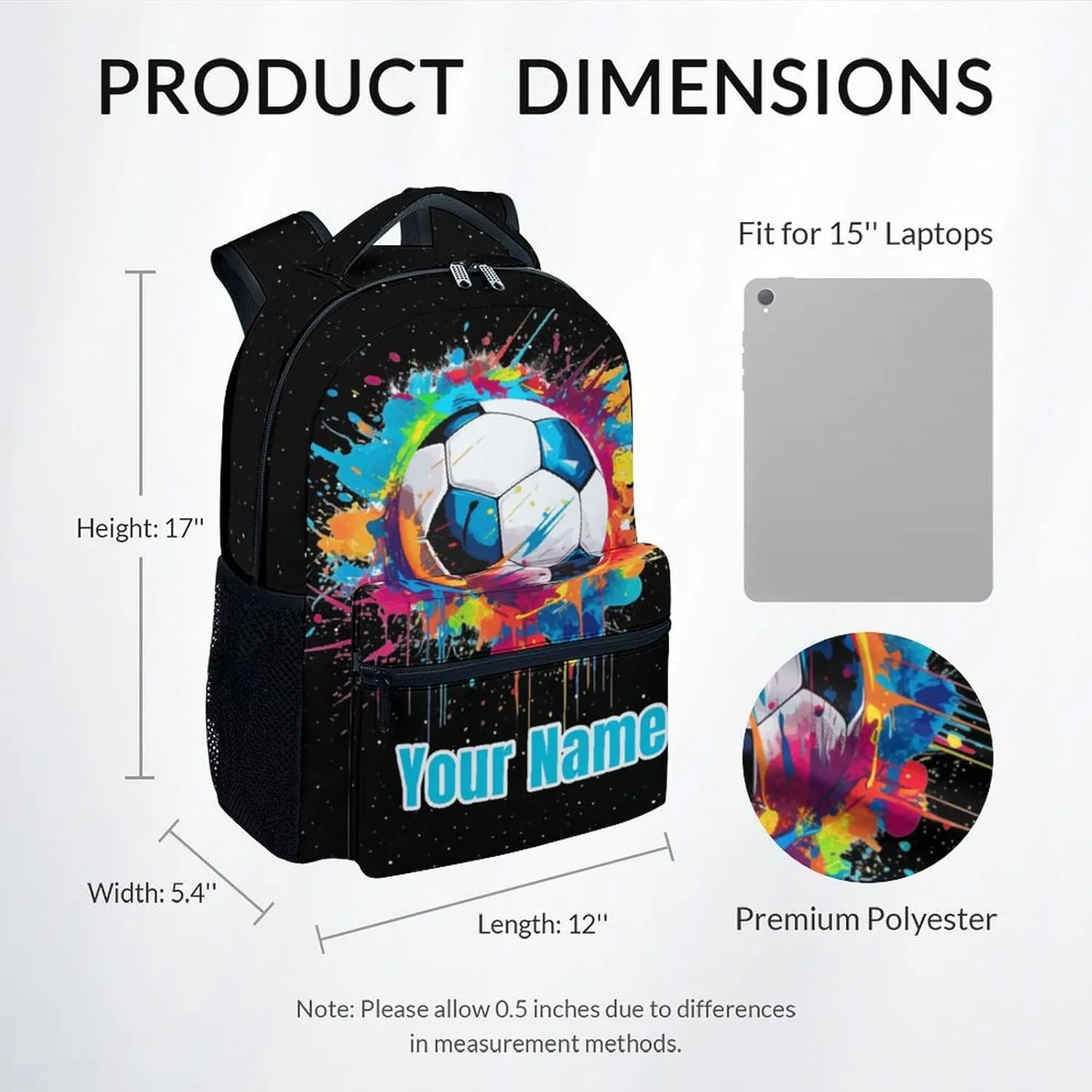 Personalized Soccer Backpack for Girls Boys, Custom Kids Backpack School Bookbag for Primary Elementary, Durable, Lightweight, 17 Inch Colorful Backpack School Essentials