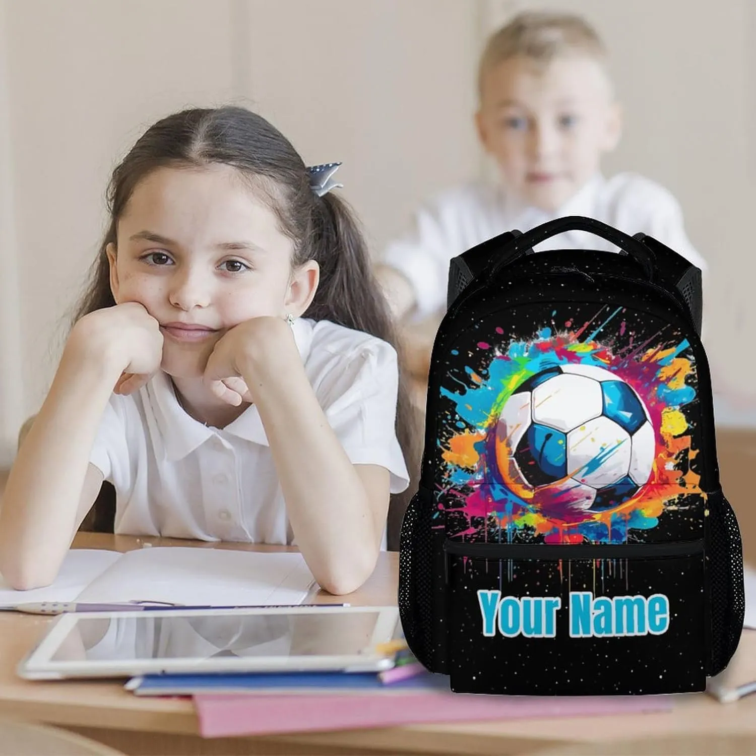 Personalized Soccer Backpack for Girls Boys, Custom Kids Backpack School Bookbag for Primary Elementary, Durable, Lightweight, 17 Inch Colorful Backpack School Essentials