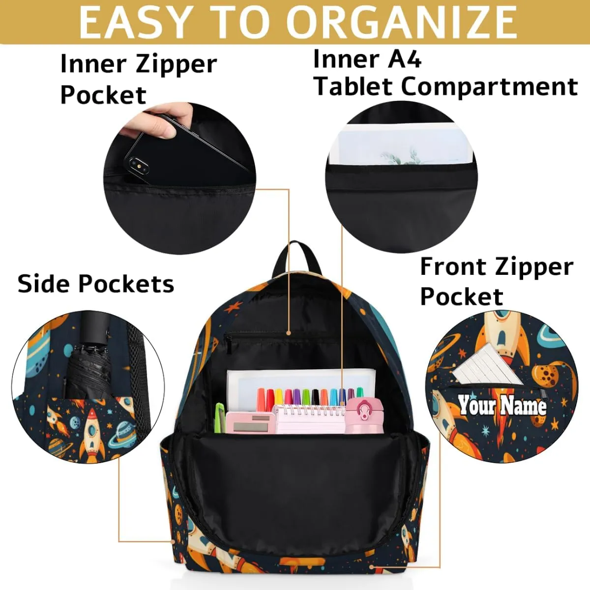 Personalized Space Preschool Toddler Backpack for Boys Girls Custom Kids Name Small Bookbags Kindergarten Elementary Backpack, Space Rockets Planet