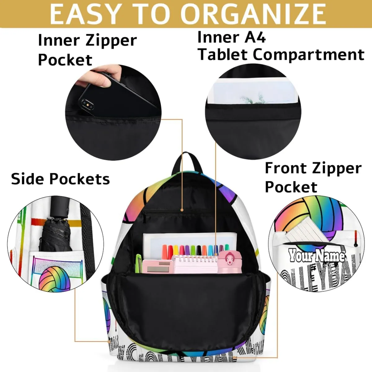 Personalized Volleyball Preschool Toddler Backpack for Boys Girls Custom Kids Name Small Bookbags Kindergarten Elementary Backpack, Colorful Volleyball
