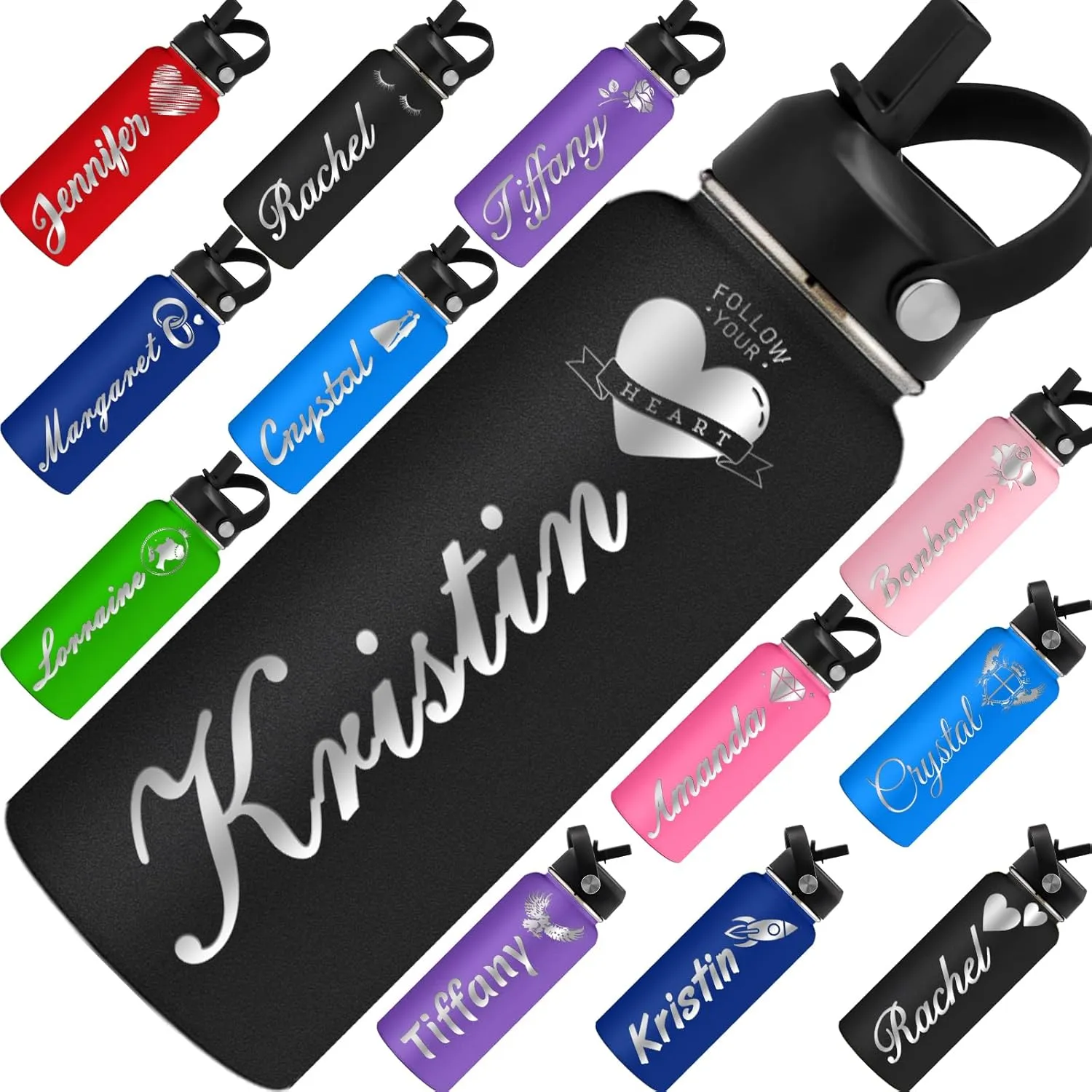Personalized Water Bottle Custom Insulated Water Bottles with Straw Lid 32oz Customized Engraved Stainless Steel Bottles with Name Logo, Gift for School Sports Outdoor, Black