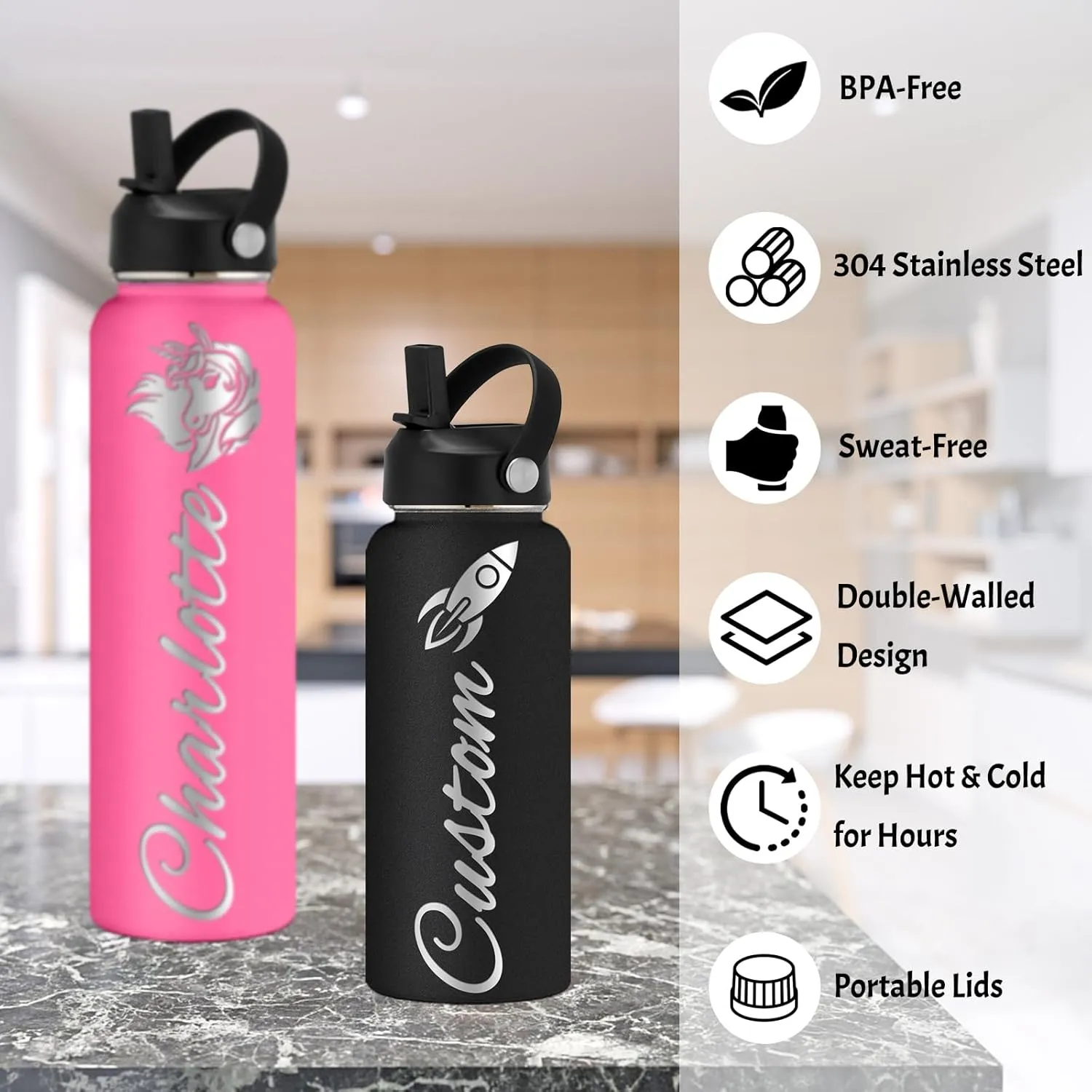 Personalized Water Bottle Custom Insulated Water Bottles with Straw Lid 32oz Customized Engraved Stainless Steel Bottles with Name Logo, Gift for School Sports Outdoor, Black