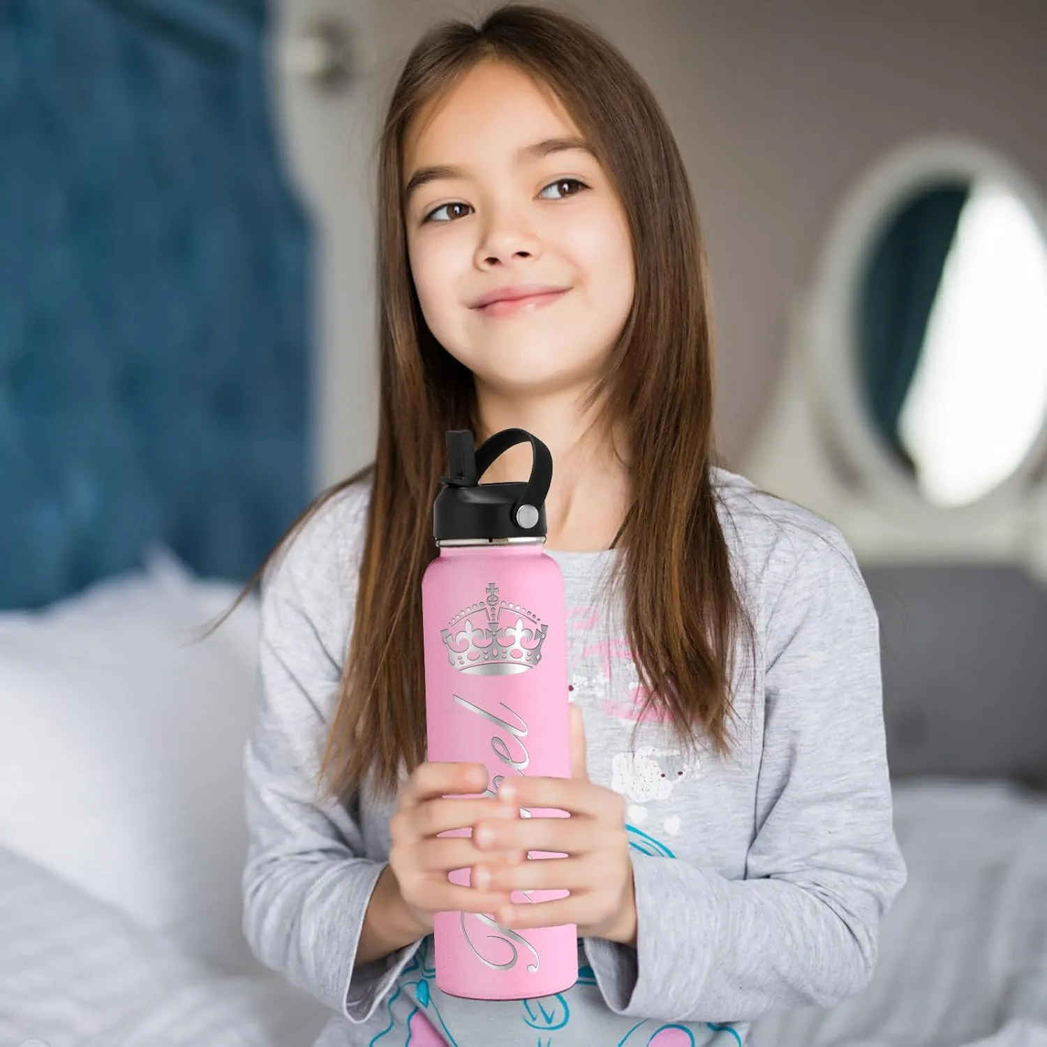 Personalized Water Bottle Custom Insulated Water Bottles with Straw Lid 32oz Customized Engraved Stainless Steel Bottles with Name Logo, Gift for School Sports Outdoor, Black