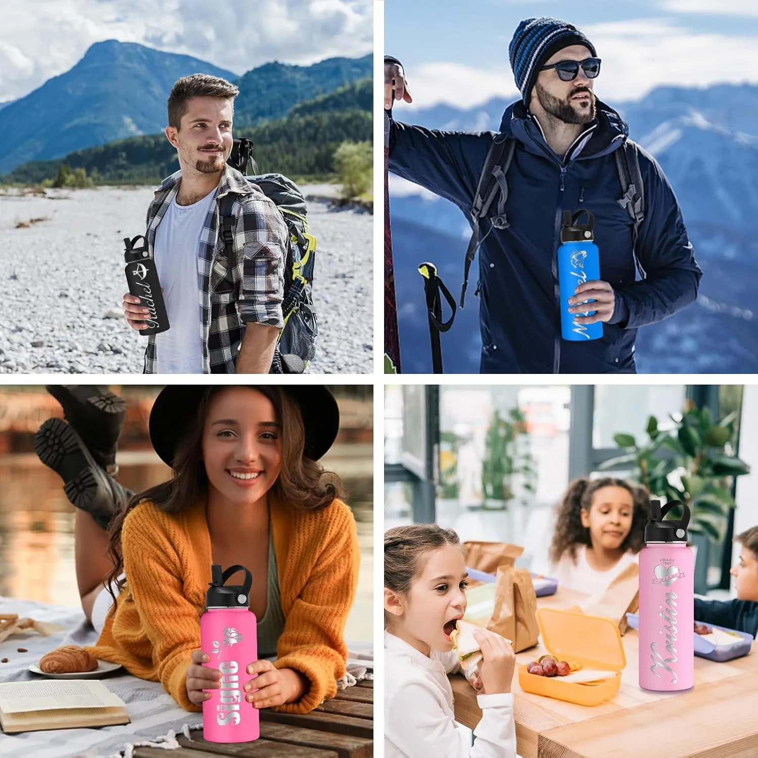 Personalized Water Bottle Custom Insulated Water Bottles with Straw Lid 32oz Customized Engraved Stainless Steel Bottles with Name Logo, Gift for School Sports Outdoor, Black