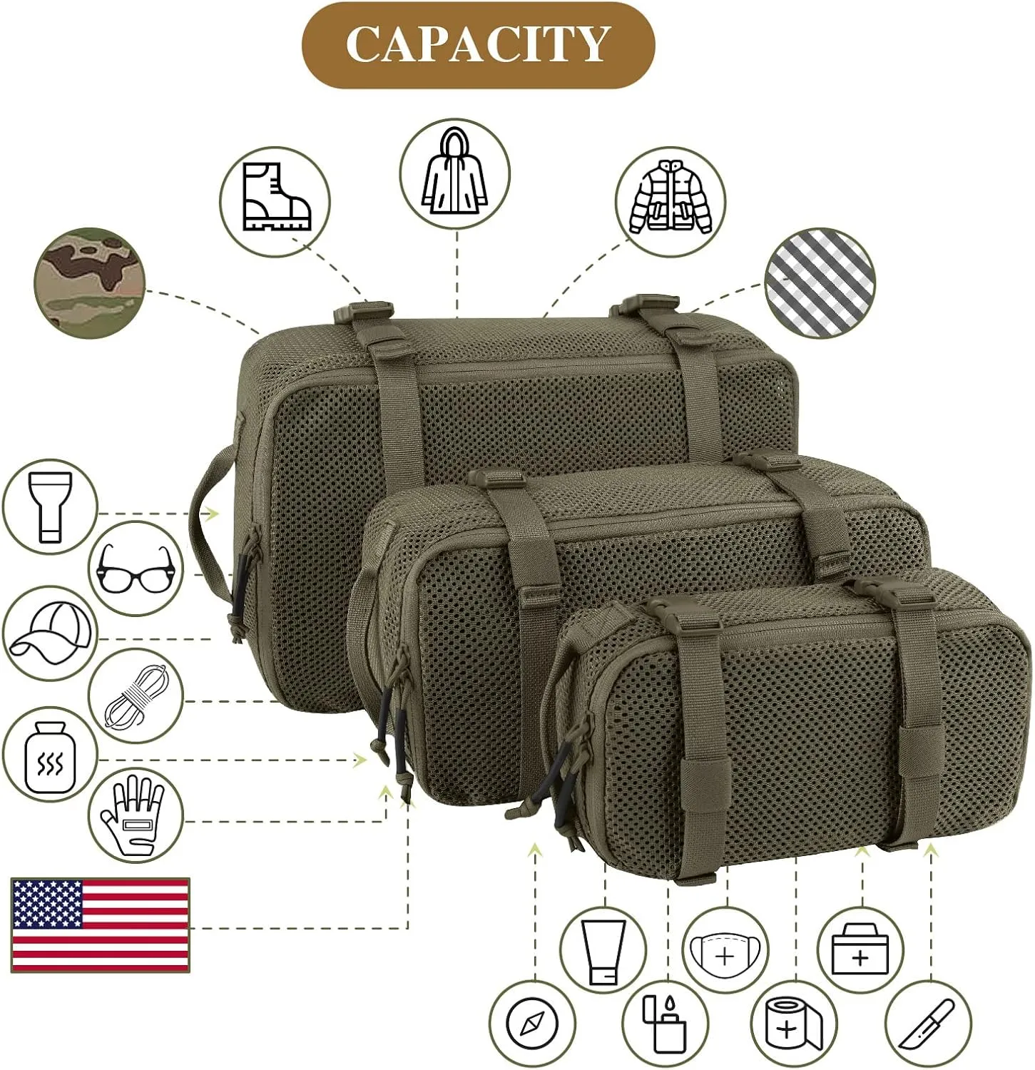 PETAC GEAR 3 PCS Tactical Modular Packing Cubes, Large Capacity Mesh Storage Bag,Outdoor Travel Organize Storage Pouches Bags.