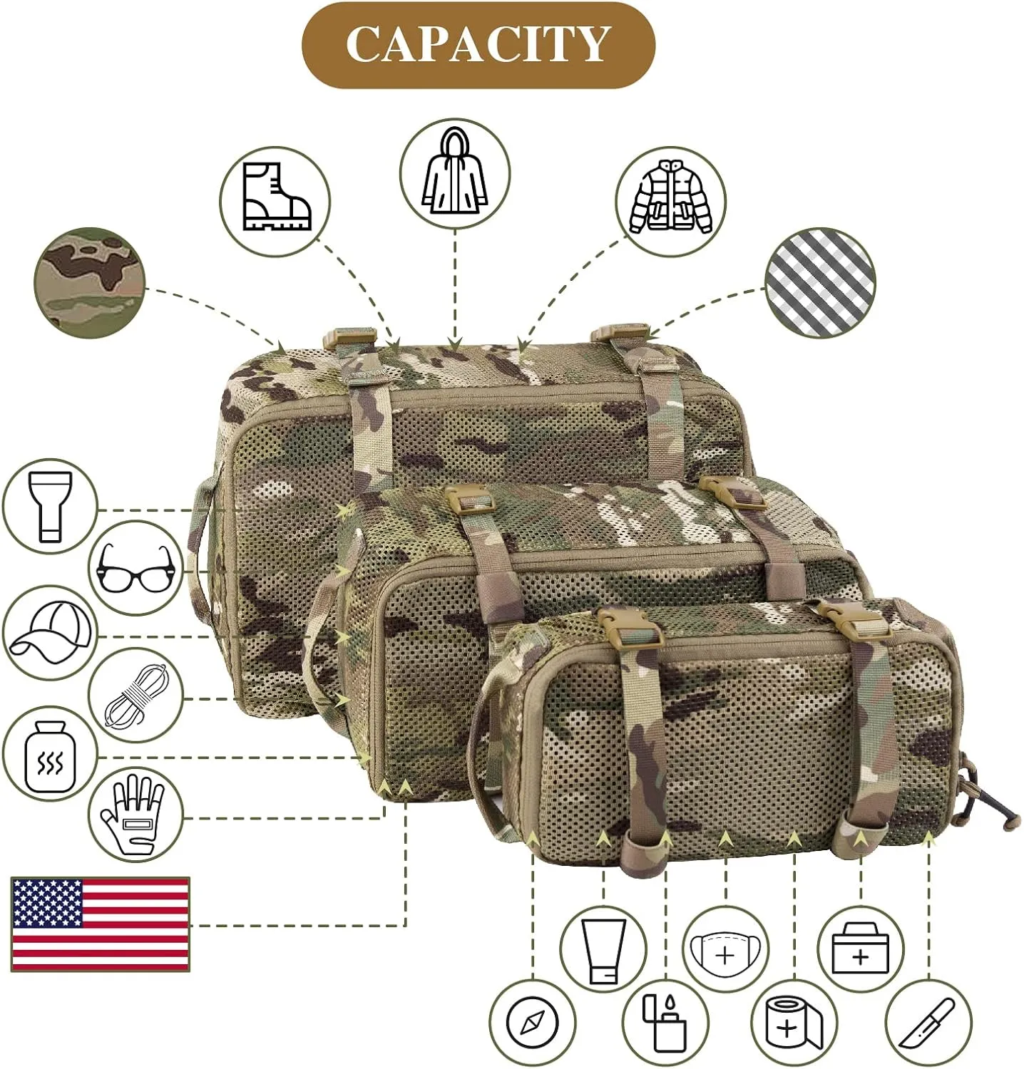 PETAC GEAR 3 PCS Tactical Modular Packing Cubes, Large Capacity Mesh Storage Bag,Outdoor Travel Organize Storage Pouches Bags.