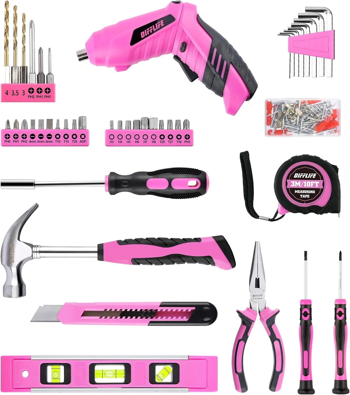 Pink Tool Set for Women, 126-Piece Lady's Power Screwdriver Cordless Rechargeable Set Home Repairing Tool Set with 13-Inch Wide Mouth Open Storage 126PCS 3.6V Electric Screwdriver Tool Bag