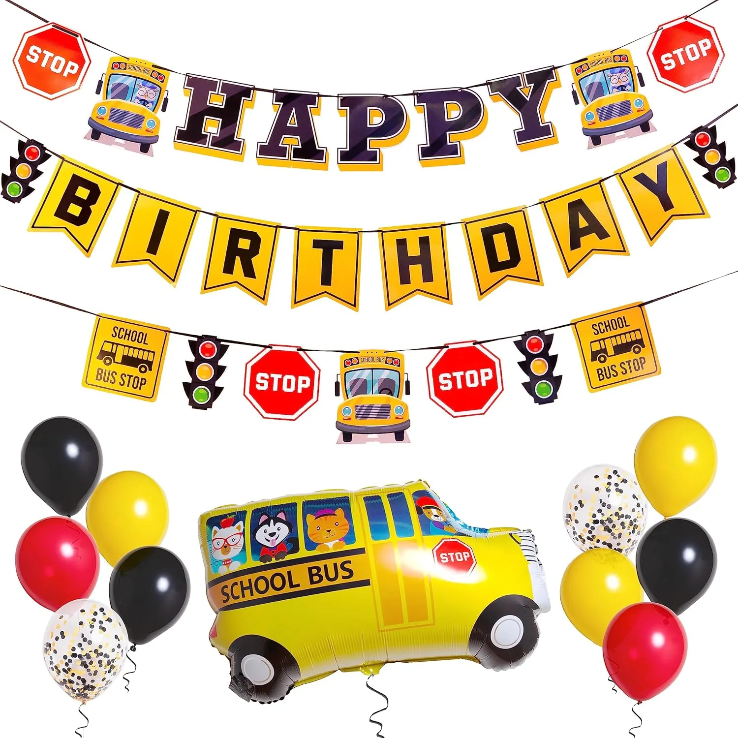 Pirese Wheels on the Bus Birthday Banner Kit, School Bus Party Decorations with Balloons, Yellow Bus Theme Decor for Kids Birthday Party