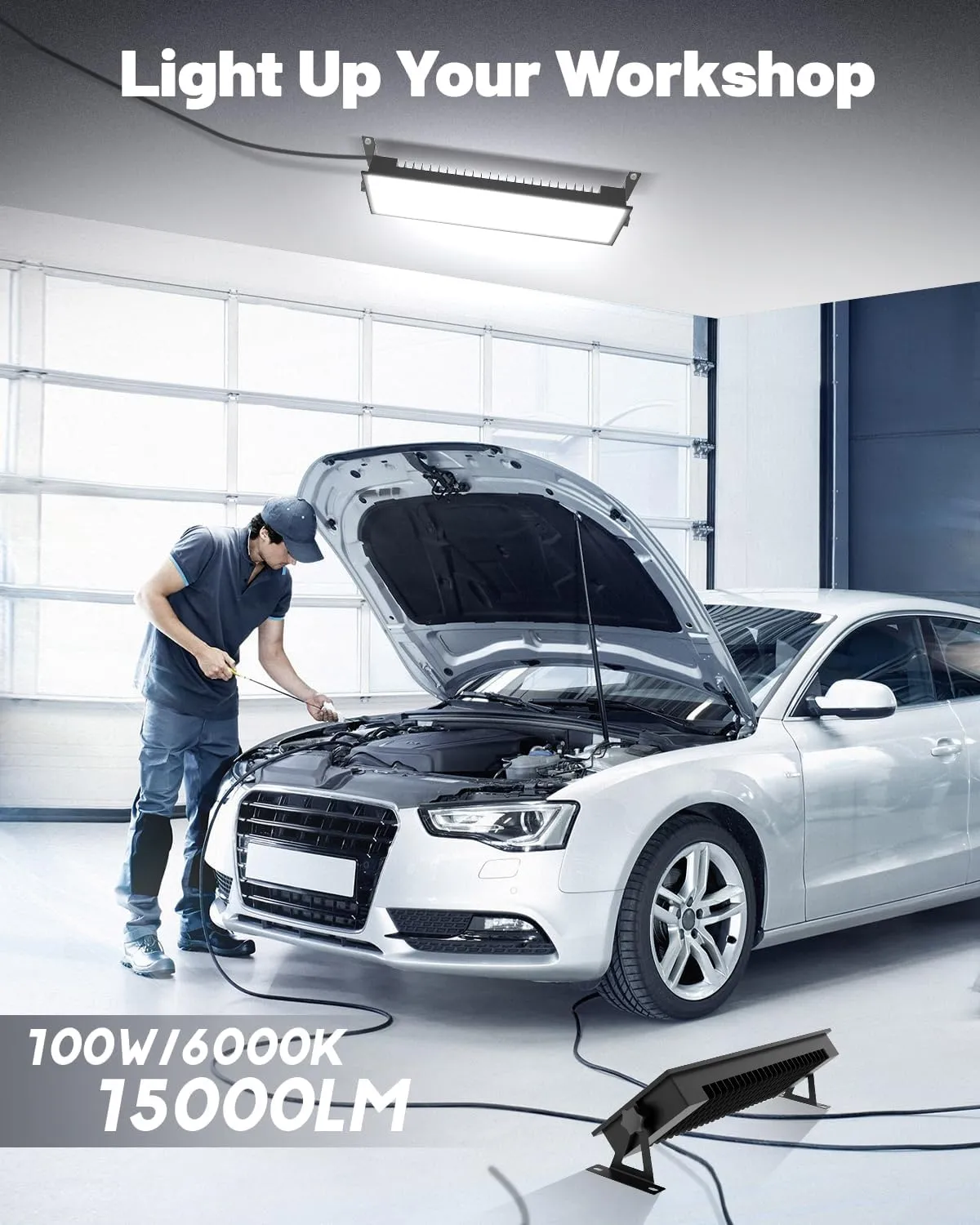 Plug in Shop Light - 100W 15000LM Ultra Bright Aluminum LED Garage Light w/ 9.84 ft Power Cord, IP66 Waterproof Shop Lights for Garage, Workshop, Warehouse (1 Pack)