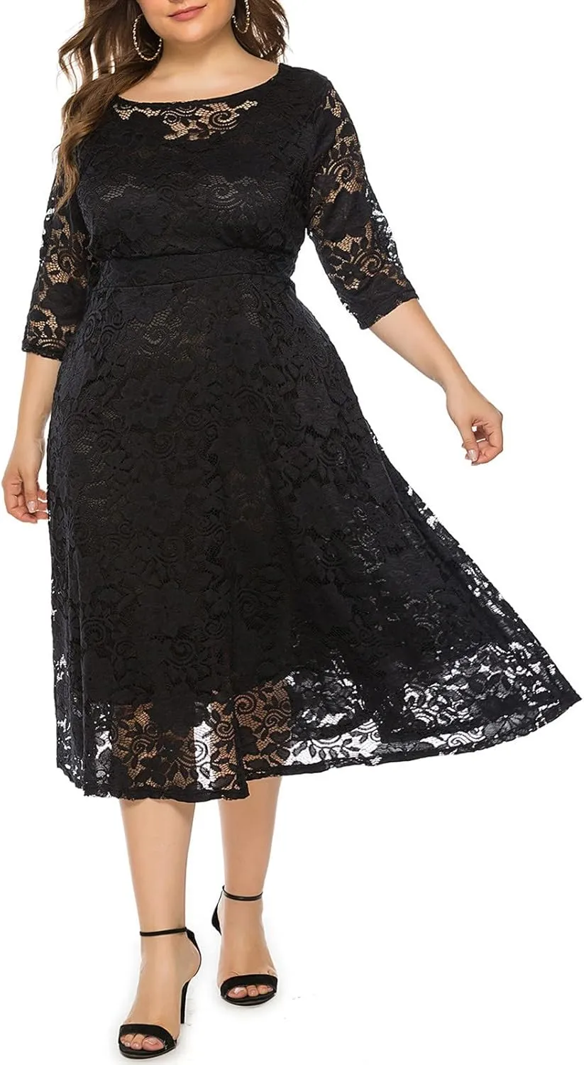 Plus Size Dresses for Women Lace Hollow Out Long Sleeve Flowy Dress with Pocket Elastic Waist Wedding Guest Long Gown