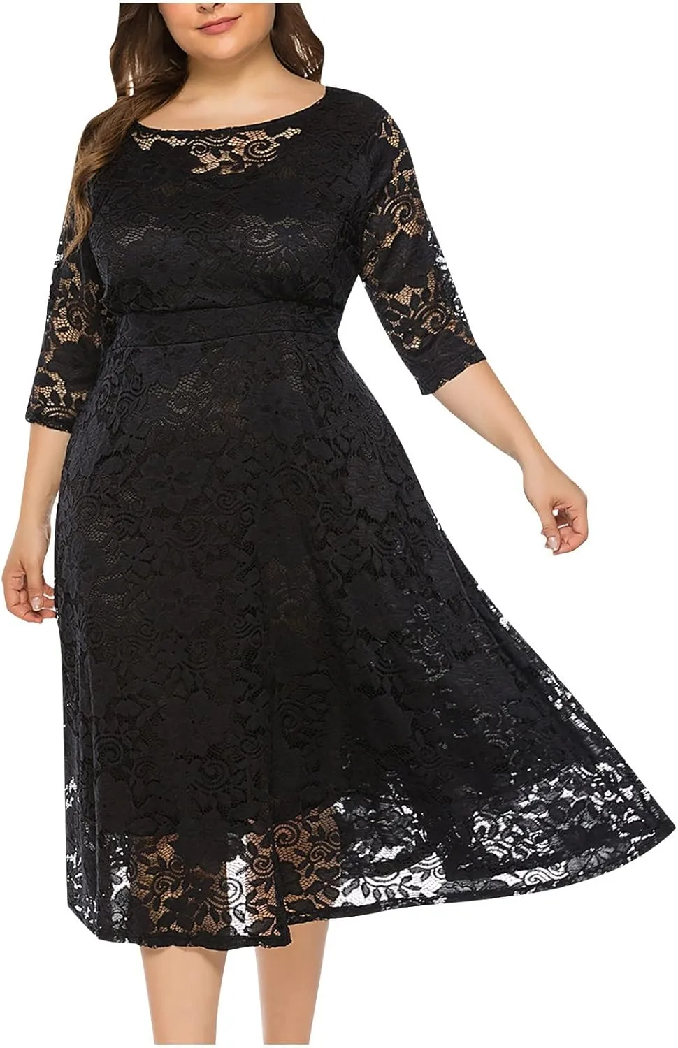 Plus Size Dresses for Women Lace Hollow Out Long Sleeve Flowy Dress with Pocket Elastic Waist Wedding Guest Long Gown