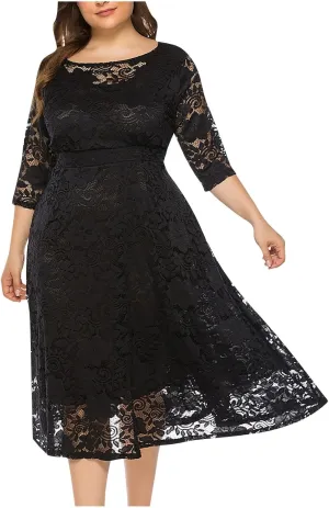 Plus Size Dresses for Women Lace Hollow Out Long Sleeve Flowy Dress with Pocket Elastic Waist Wedding Guest Long Gown