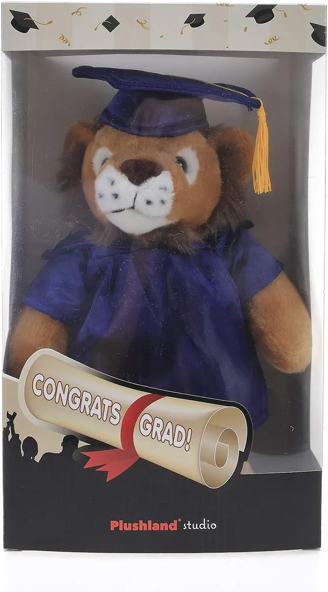 Plushland Lion Plush Stuffed Animal Toys Present Gifts for Graduation Day, Personalized Text, Name or Your School Logo on Gown, Best for Any Grad School Kids 12 Inches(Royal Cap and Gown)