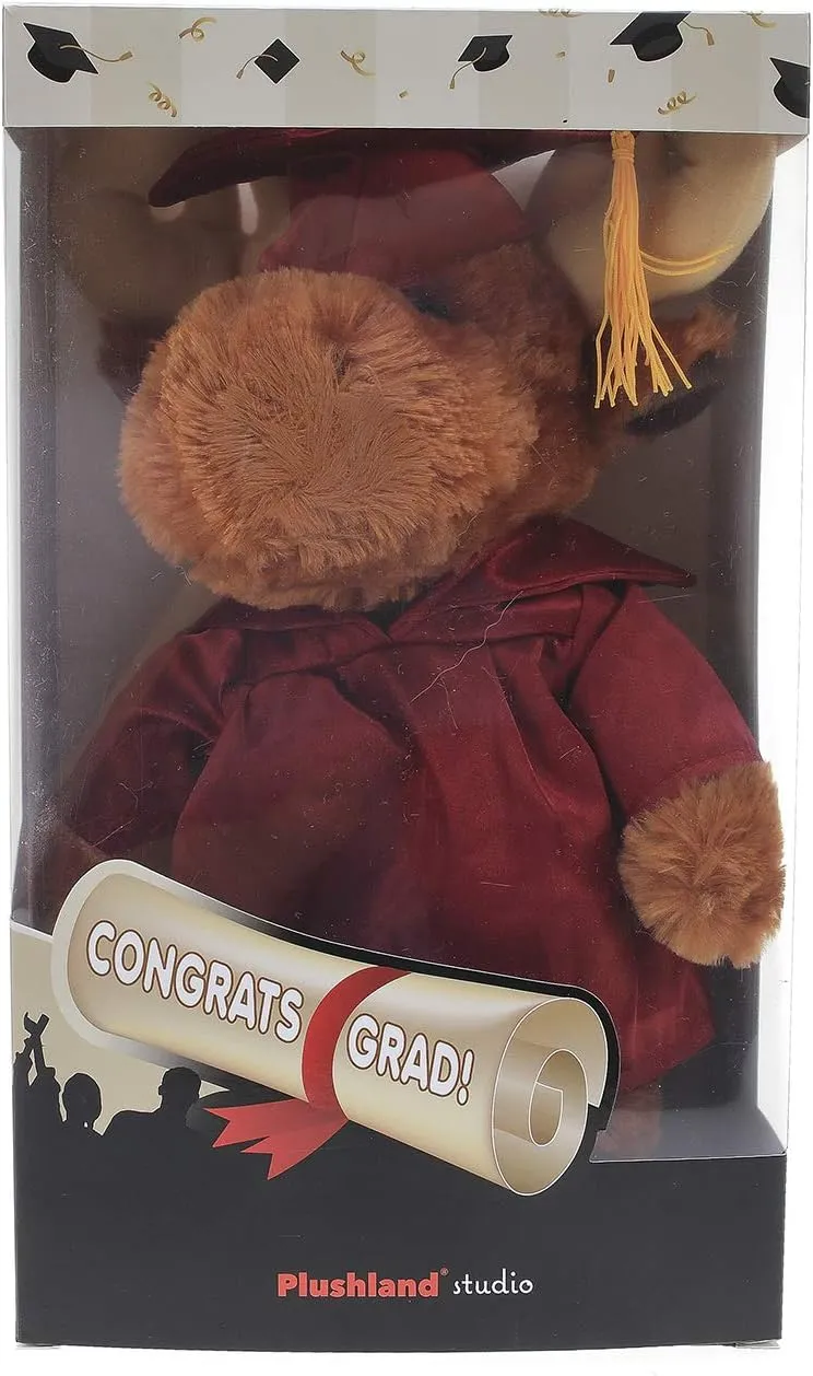 Plushland Moose Plush Stuffed Animal Toys Present Gifts for Graduation Day, Personalized Text, Name or Your School Logo on Gown, Best for Any Grad School Kids 12 Inches(Forest Green Cap and Gown)
