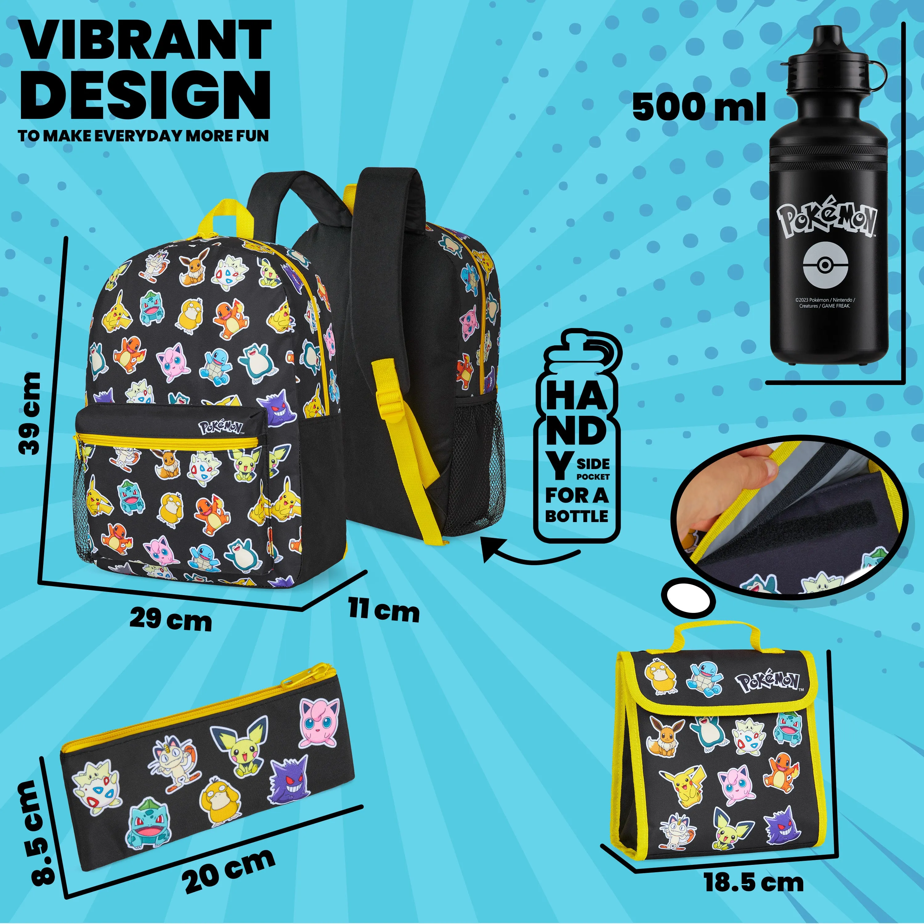 Pokemon 4 Piece Set: Backpack, Lunch Bag, Pencil Case & Water Bottle Set for Kids