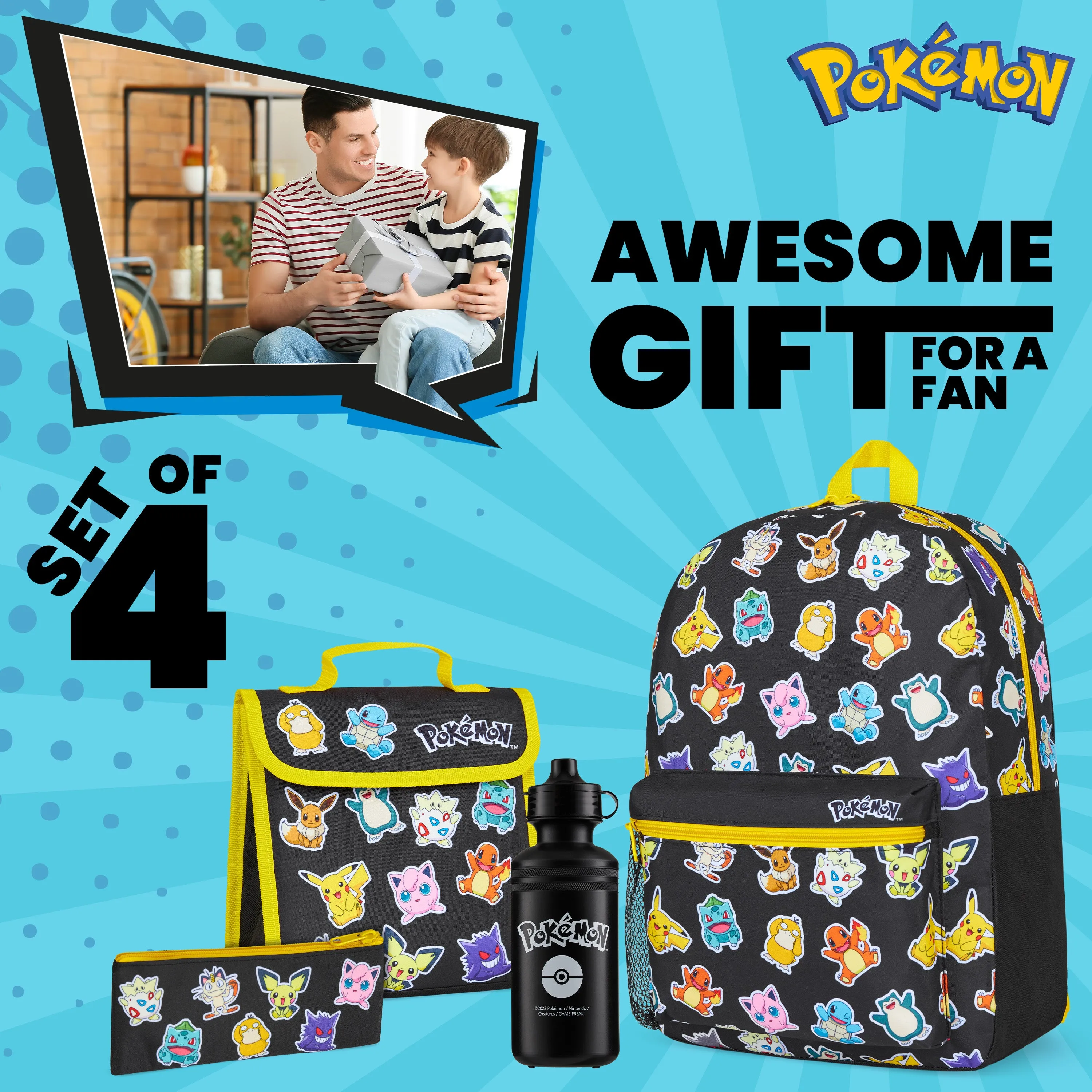 Pokemon 4 Piece Set: Backpack, Lunch Bag, Pencil Case & Water Bottle Set for Kids