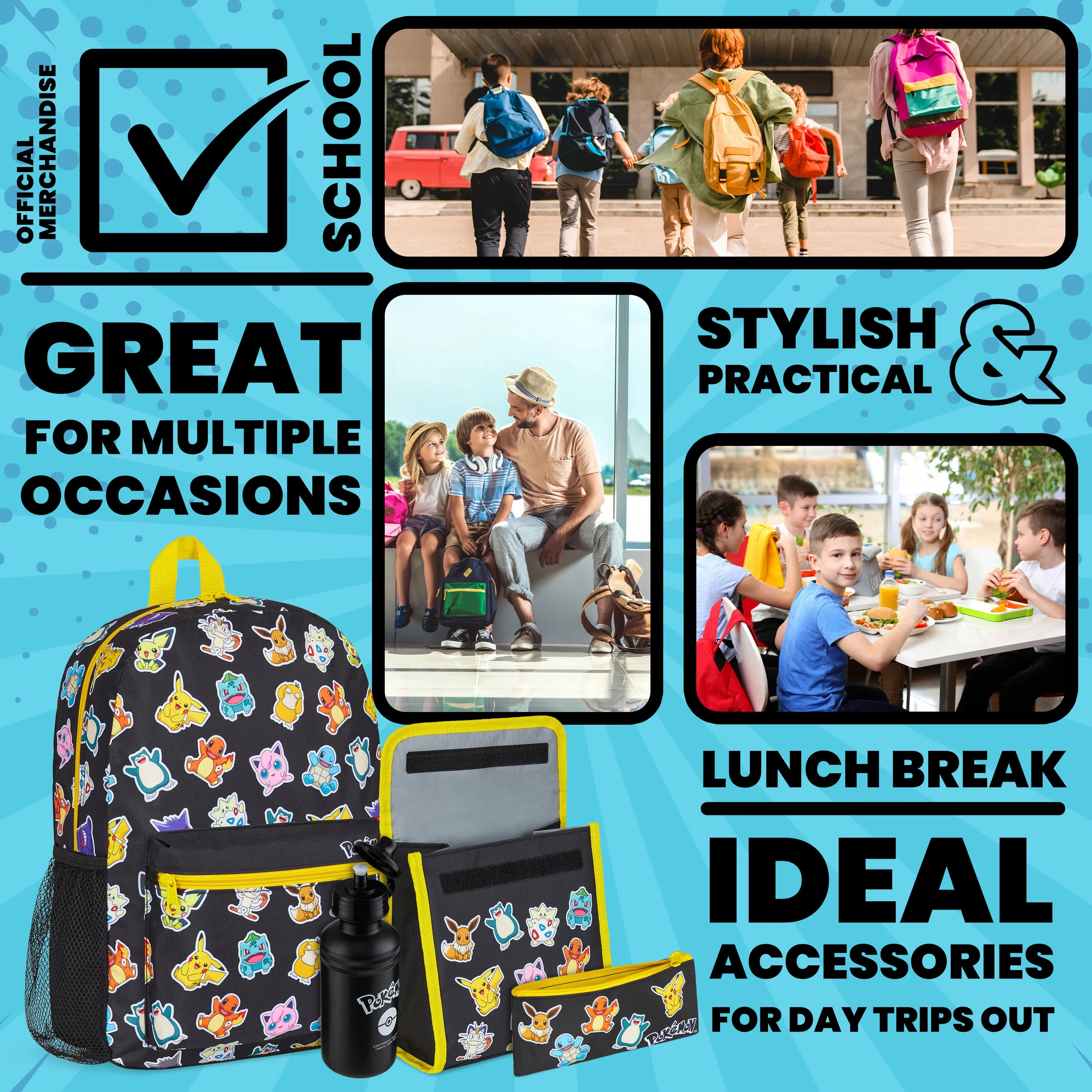 Pokemon 4 Piece Set: Backpack, Lunch Bag, Pencil Case & Water Bottle Set for Kids