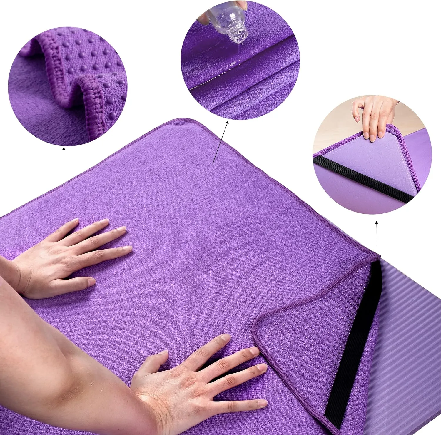 POLYTE Microfiber Hot Yoga Towel Mat with Non-Slip Silicone Grip and Secure Fit Elastic Straps, 24 x 72 in (Purple)