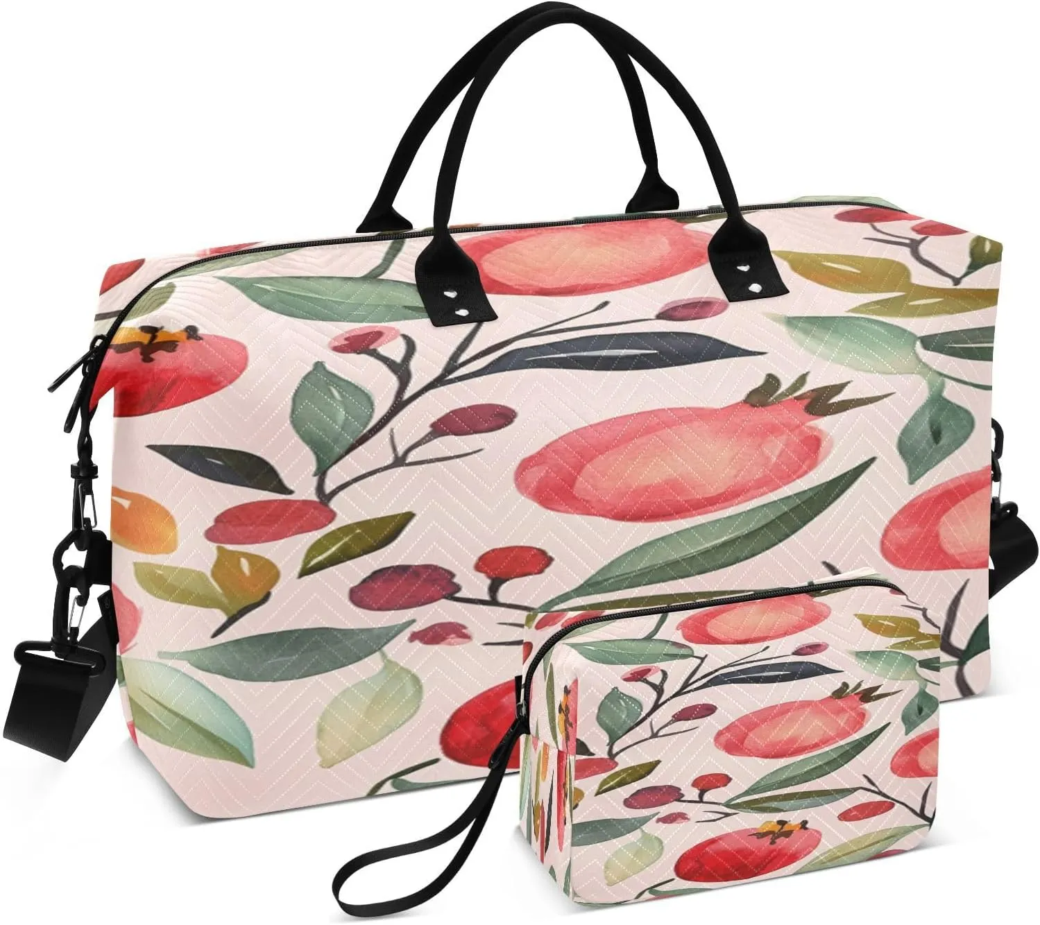 Pomegranate Leaves Berry Watercolor Travel Duffel Bag with Toiletry Bag Weekender Bag for Carry on Sports Gym Bag for Travel Gym Yoga