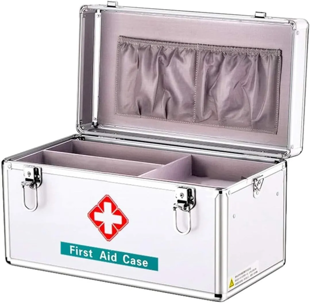 Portable Aluminum Alloy First Aid Box, Lockable Medical Storage Chest with Shoulder Strap, Large Capacity for Home, Office, Car, Travel, Camping(40.5x22x23cm)