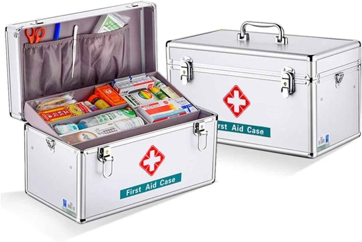 Portable Aluminum Alloy First Aid Box, Lockable Medical Storage Chest with Shoulder Strap, Large Capacity for Home, Office, Car, Travel, Camping(40.5x22x23cm)