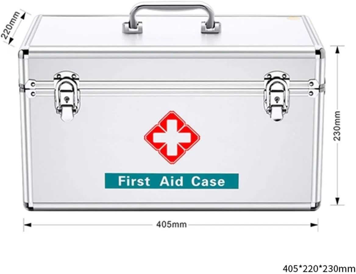 Portable Aluminum Alloy First Aid Box, Lockable Medical Storage Chest with Shoulder Strap, Large Capacity for Home, Office, Car, Travel, Camping(40.5x22x23cm)