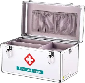 Portable Aluminum Alloy First Aid Box, Lockable Medical Storage Chest with Shoulder Strap, Large Capacity for Home, Office, Car, Travel, Camping(40.5x22x23cm)