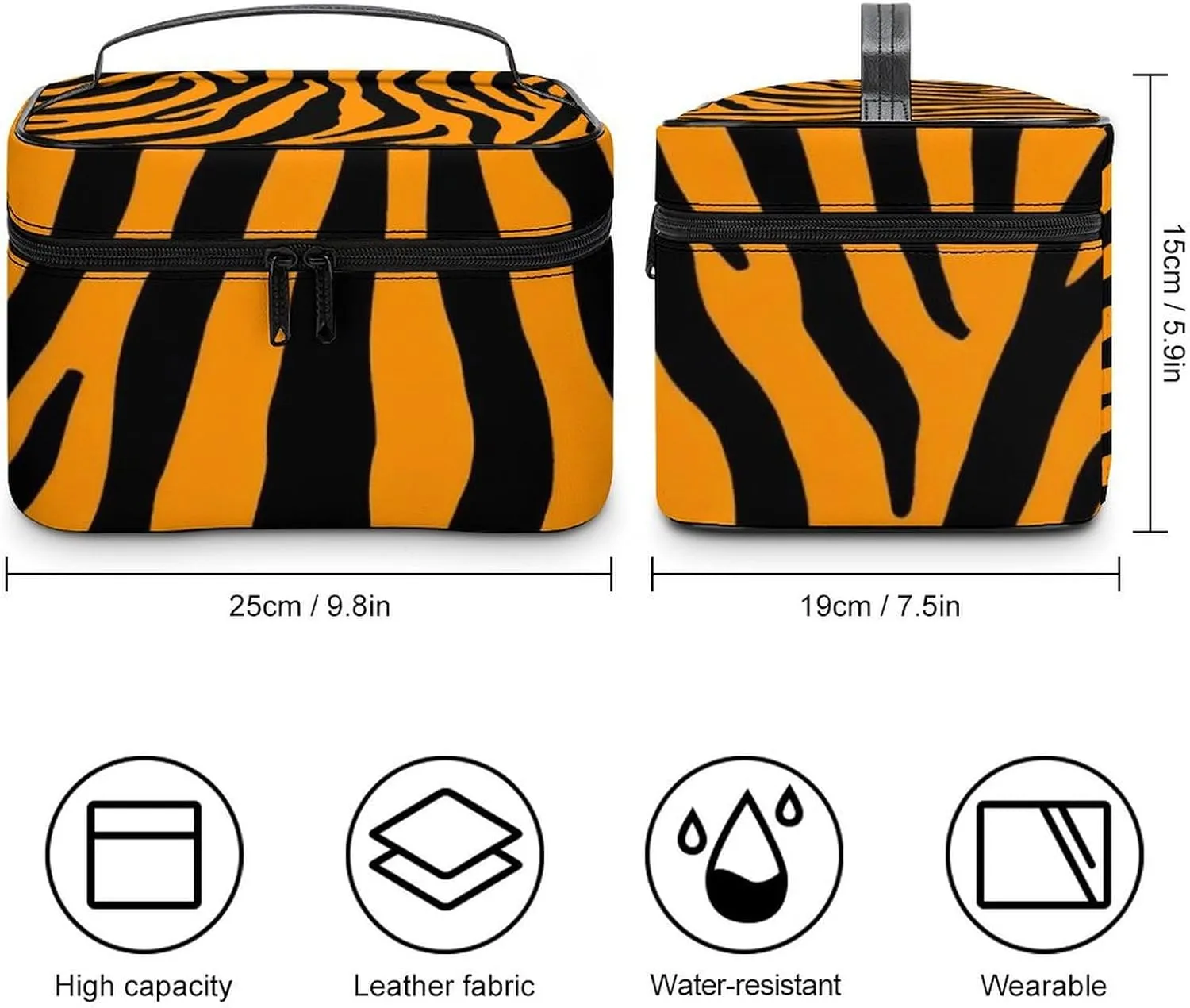 Portable Makeup Bag with Zipper Pouch, Animal Print Tiger Stripe Cosmetic Case Large Capacity Travel Makeup Case Organizer Toiletry Brushes Storage Bag