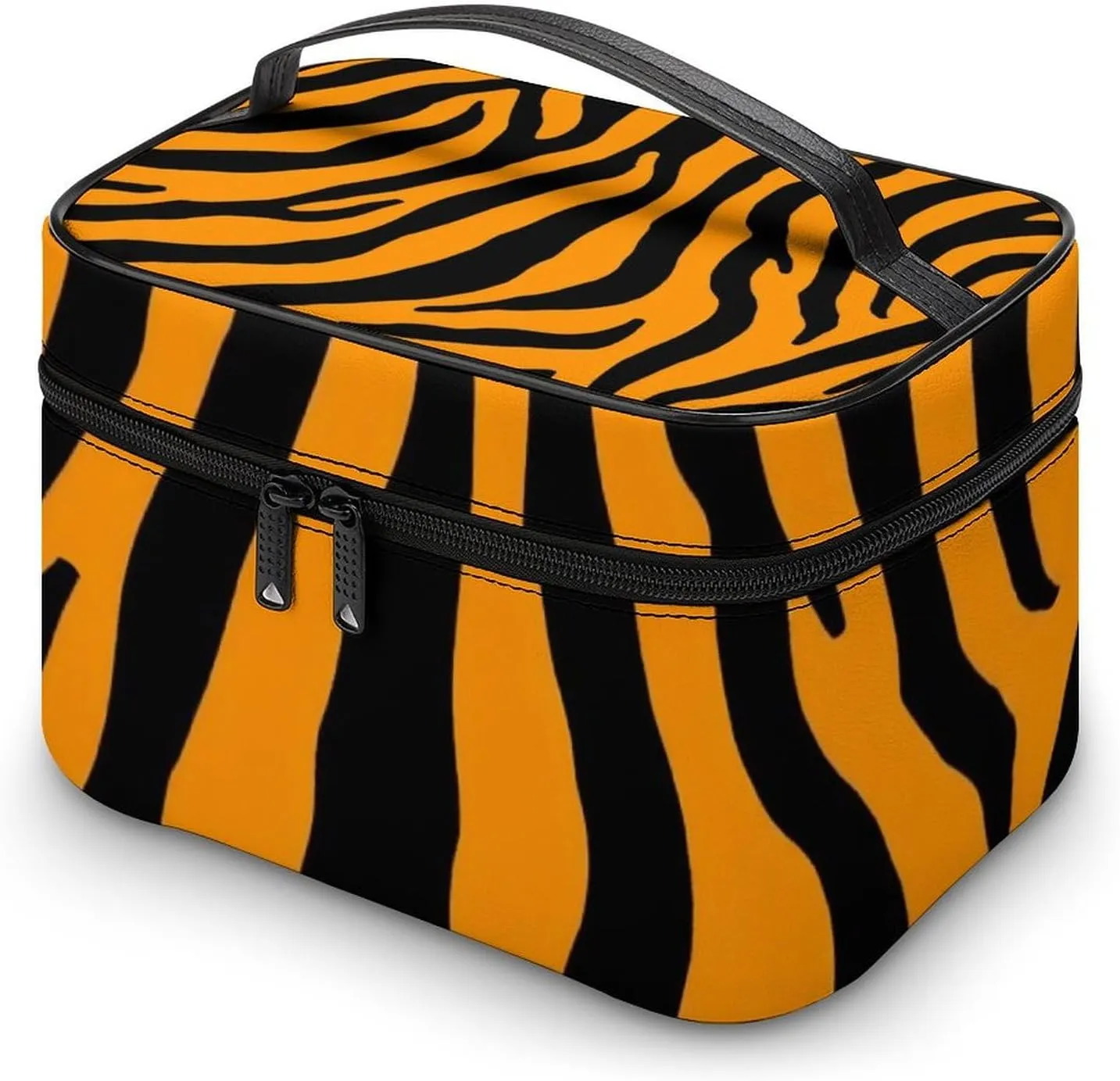 Portable Makeup Bag with Zipper Pouch, Animal Print Tiger Stripe Cosmetic Case Large Capacity Travel Makeup Case Organizer Toiletry Brushes Storage Bag