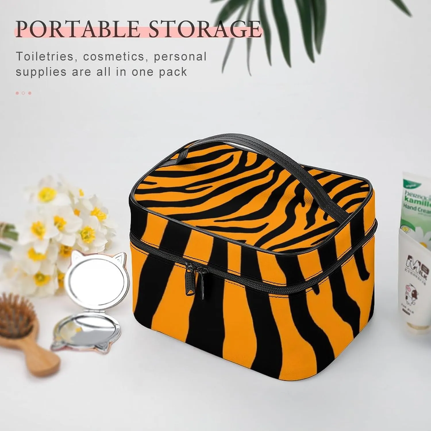 Portable Makeup Bag with Zipper Pouch, Animal Print Tiger Stripe Cosmetic Case Large Capacity Travel Makeup Case Organizer Toiletry Brushes Storage Bag