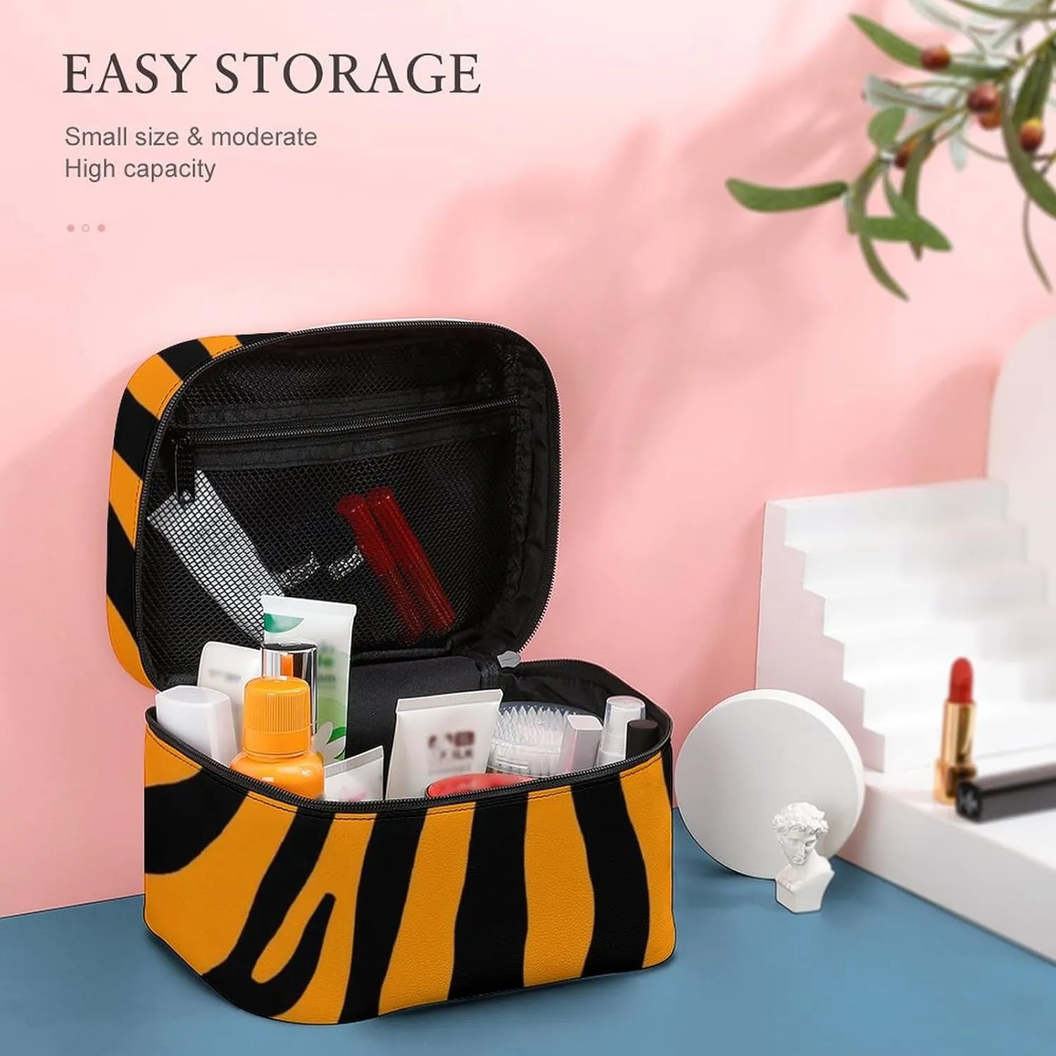 Portable Makeup Bag with Zipper Pouch, Animal Print Tiger Stripe Cosmetic Case Large Capacity Travel Makeup Case Organizer Toiletry Brushes Storage Bag