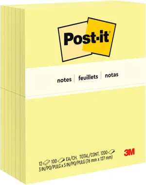 Post-it Notes, 3 in x 5 in, 12 Sticky Notes Pads, 100 Sheets per Pad, Canary Yellow, The Original Post-it Note, School Supplies and Oﬃce Products