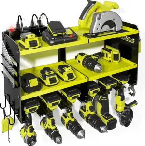 Power Tool Organizer, 15 Min Quick Assembly & Max 150lb load by Heavy Duty Metal, 6 Slots for Cordless Drill with 4 Outlet Power Strip in Garage/Workshop/Pegboard Suitable for Father Day