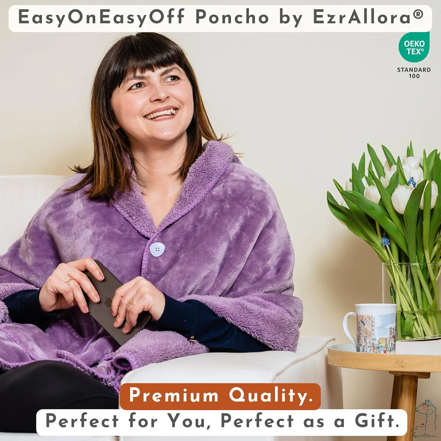 Premium Double Layer Wearable Blanket for Women - Drape and Go No Sleeves- Shawl Wrap with Pockets - Grandma Mom Gifts for Her (Velvet Lavender)
