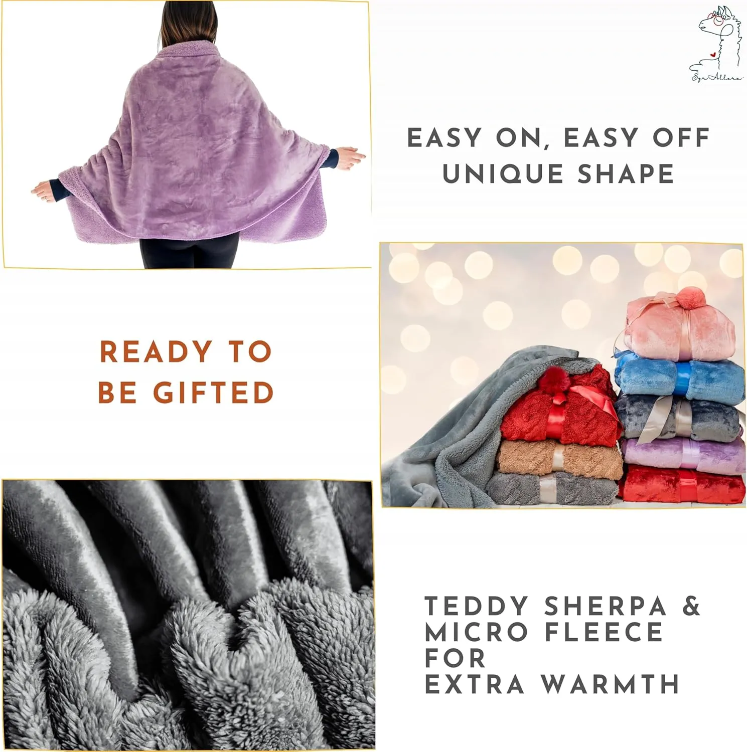 Premium Double Layer Wearable Blanket for Women - Drape and Go No Sleeves- Shawl Wrap with Pockets - Grandma Mom Gifts for Her (Velvet Lavender)