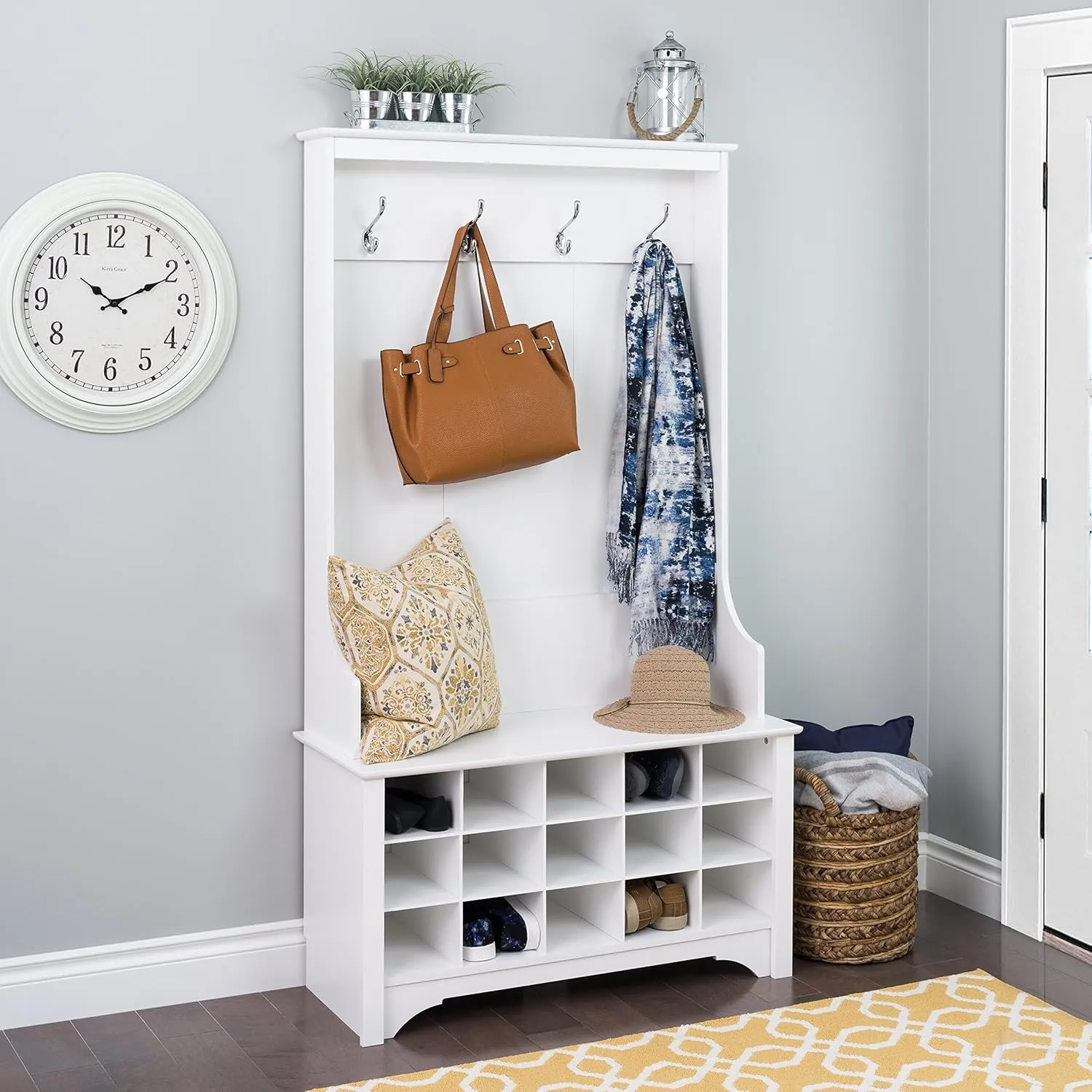 Prepac Entryway Organizer, Coat Rack, Hall Tree features 4 Hooks for Coat Storage, & Hanging Bags; Furniture for Entryway with Bench & 15 Cubbies for Shoe Storage, 38” W x 68” H x 15.5” D, White