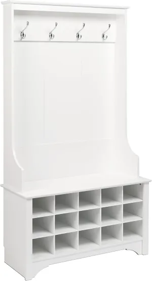 Prepac Entryway Organizer, Coat Rack, Hall Tree features 4 Hooks for Coat Storage, & Hanging Bags; Furniture for Entryway with Bench & 15 Cubbies for Shoe Storage, 38” W x 68” H x 15.5” D, White