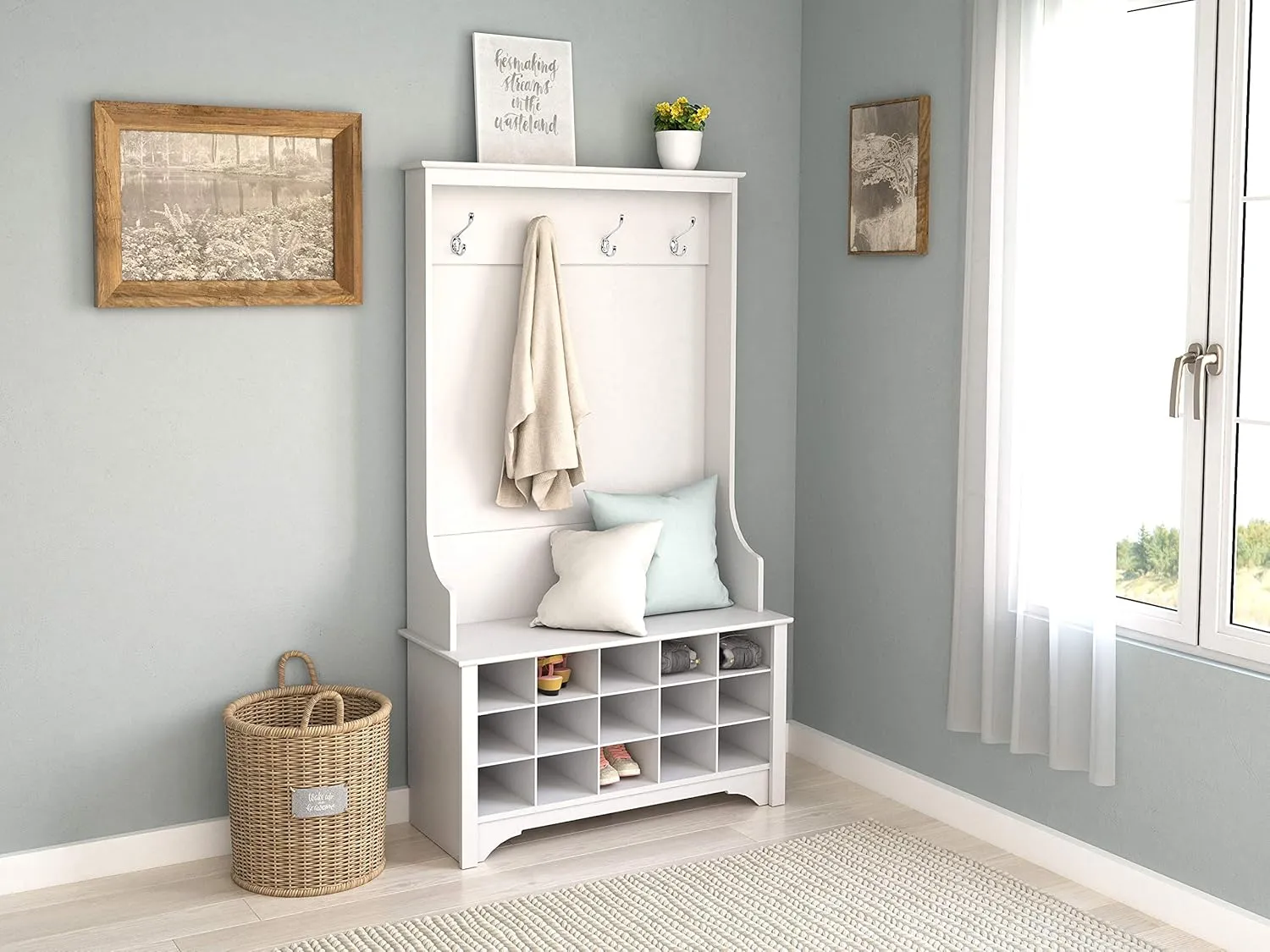 Prepac Entryway Organizer, Coat Rack, Hall Tree features 4 Hooks for Coat Storage, & Hanging Bags; Furniture for Entryway with Bench & 15 Cubbies for Shoe Storage, 38” W x 68” H x 15.5” D, White