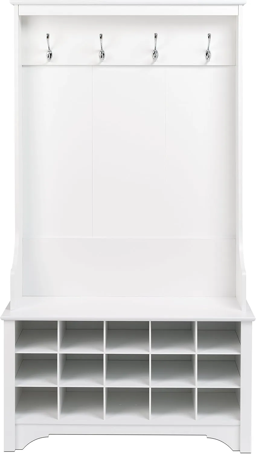Prepac Entryway Organizer, Coat Rack, Hall Tree features 4 Hooks for Coat Storage, & Hanging Bags; Furniture for Entryway with Bench & 15 Cubbies for Shoe Storage, 38” W x 68” H x 15.5” D, White