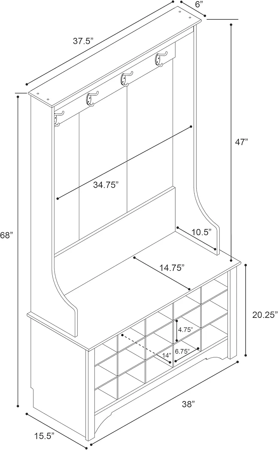 Prepac Entryway Organizer, Coat Rack, Hall Tree features 4 Hooks for Coat Storage, & Hanging Bags; Furniture for Entryway with Bench & 15 Cubbies for Shoe Storage, 38” W x 68” H x 15.5” D, White